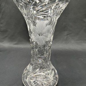 Beautiful Cut Crystal Sawtooth Vase, With Flowers, 10”h